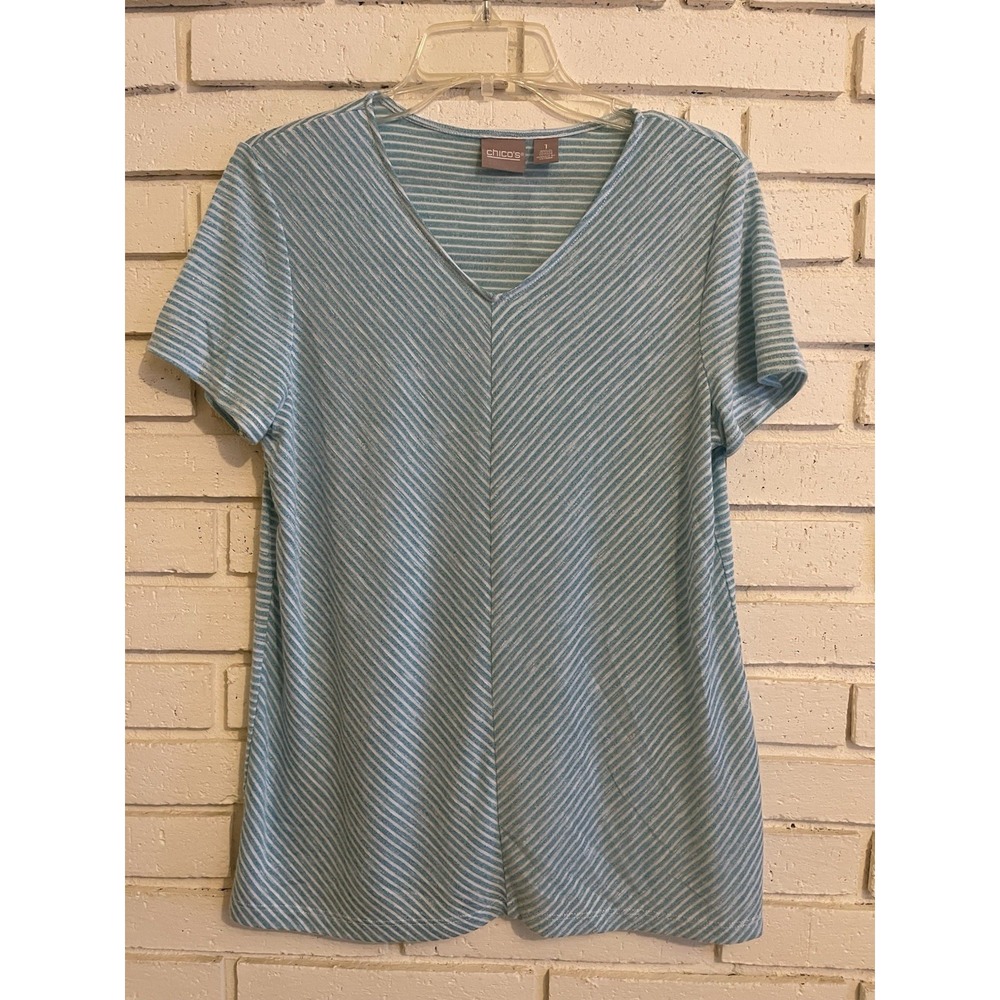 Chicos 1 Short‎ Sleeve Blue & White Striped T-shirt Size Medium V-Neck